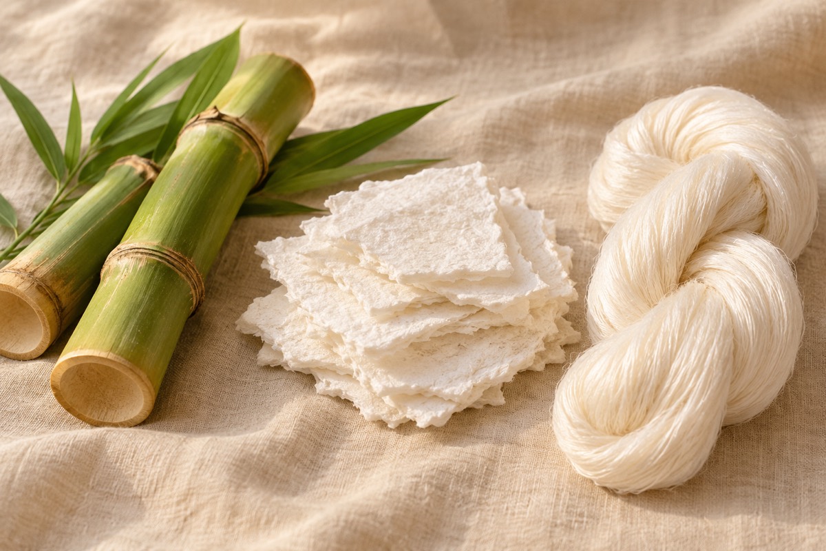 Green bamboo stalks, a stack of white pulp sheets and a skein of soft cream fiber on linen