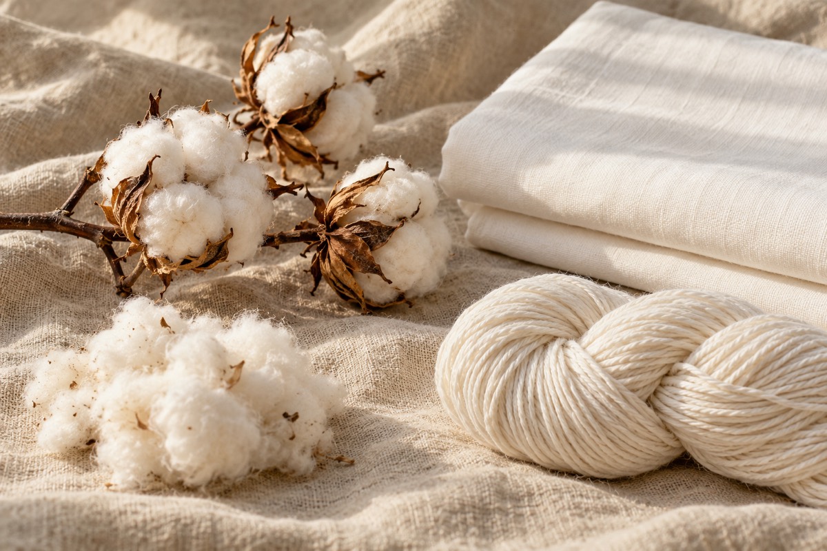 Cotton bolls on a branch, loose cotton fluff, a skein of white cotton yarn and folded white cotton on linen