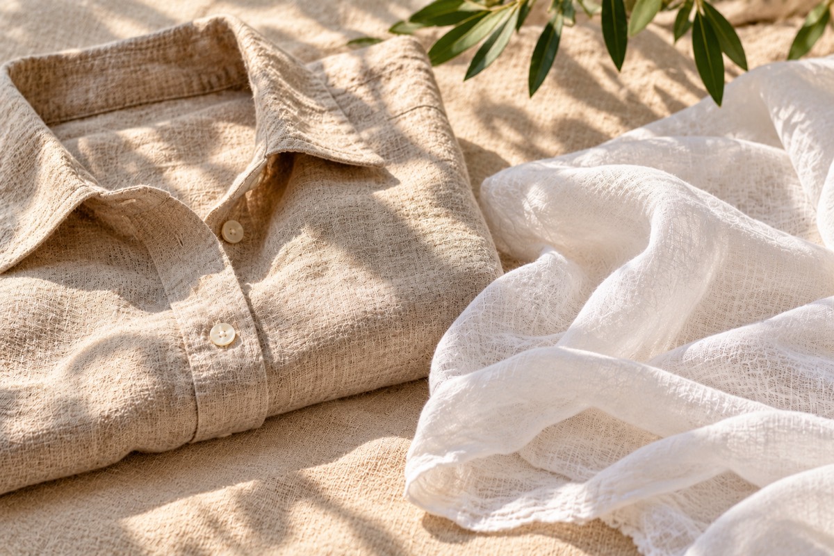A folded natural linen shirt and a light white cotton voile cloth in warm sunlight, with soft leaf shadows across them