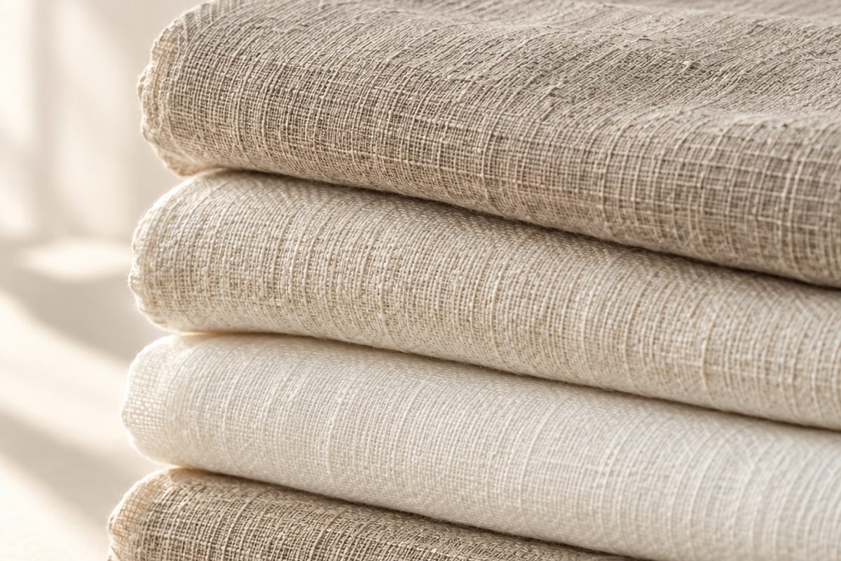 A stack of folded natural linen fabrics