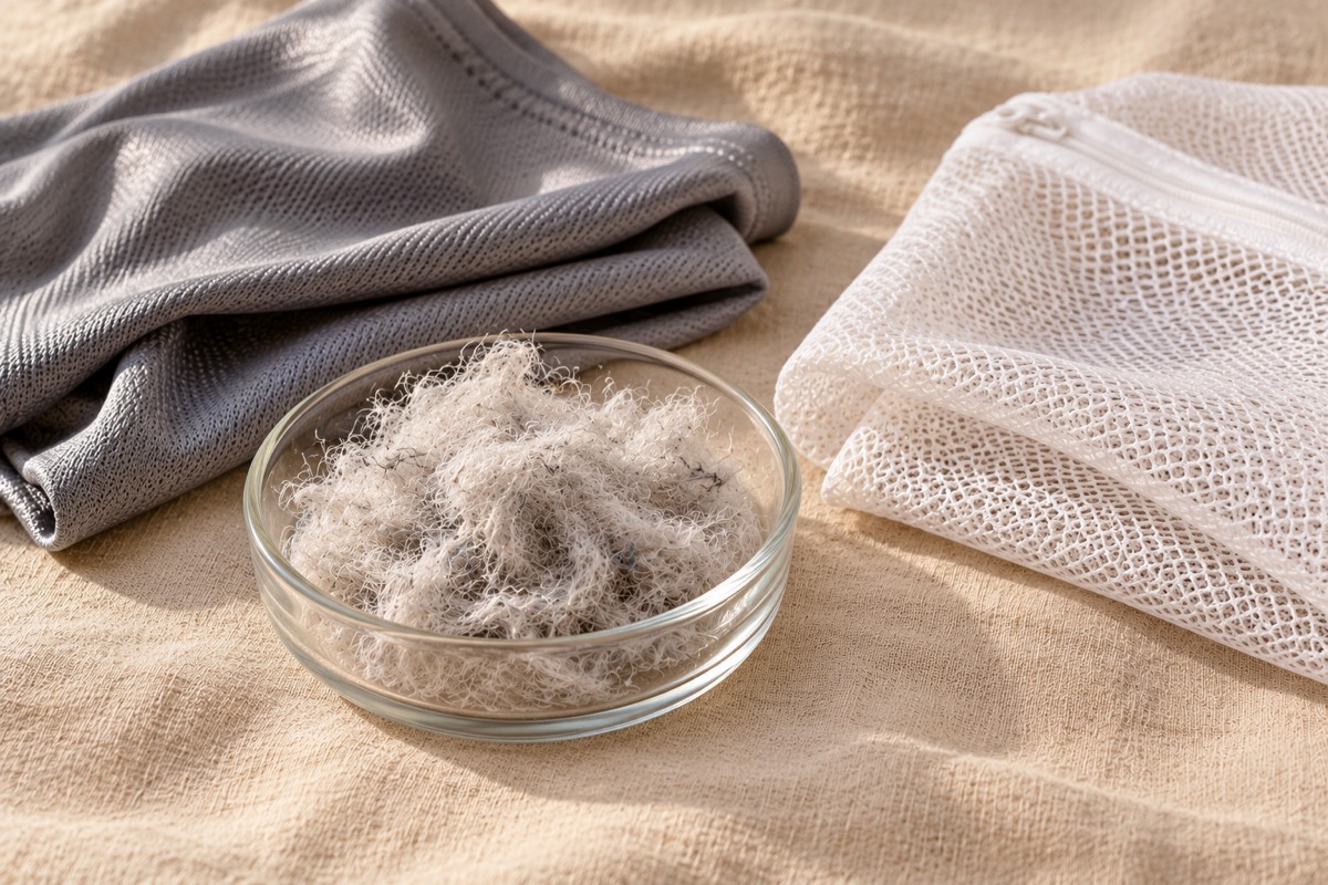 A small glass dish of gray-white lint fibers between a folded gray athletic fabric and a white mesh laundry bag, on linen