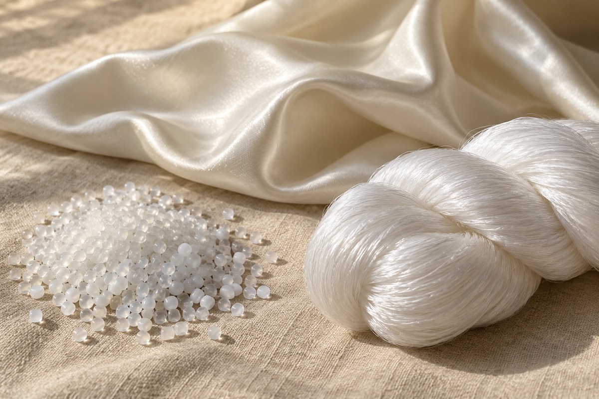 Clear plastic pellets, a skein of glossy white polyester yarn and folded ivory satin on linen