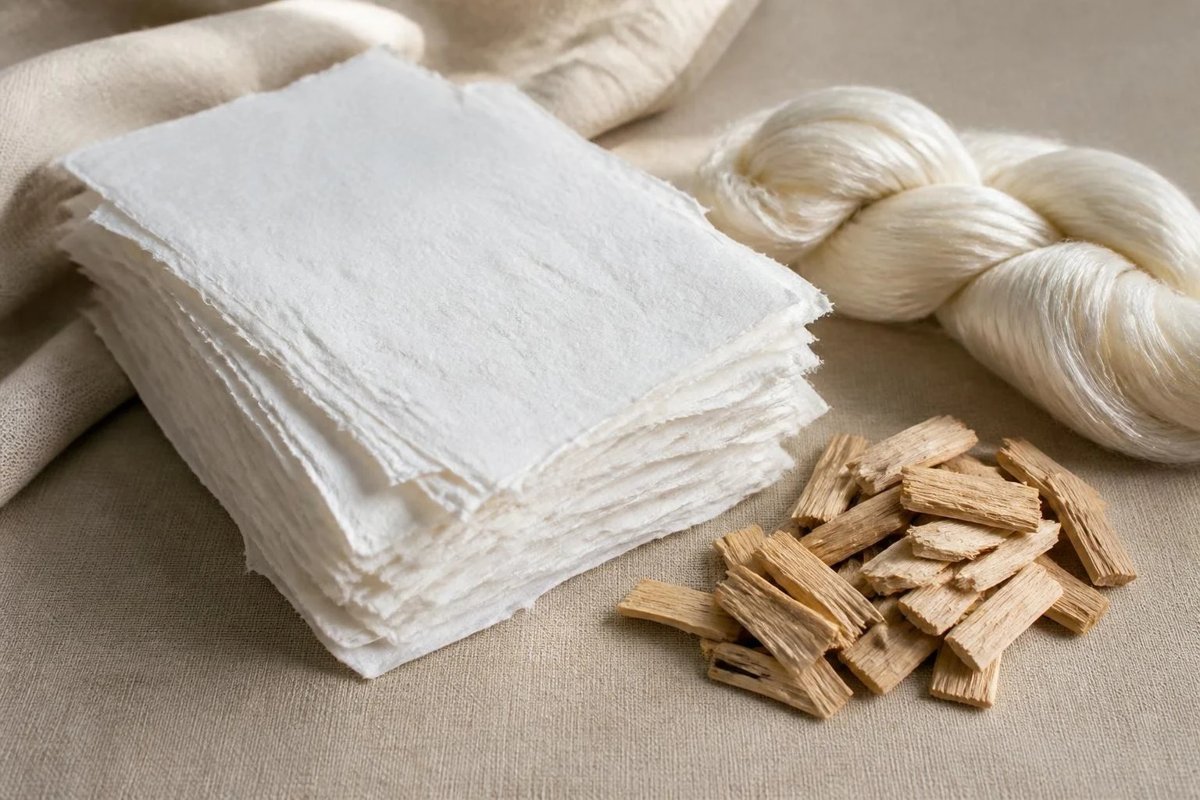 Sheets of white wood pulp, pale wood chips and a skein of cream fiber on linen