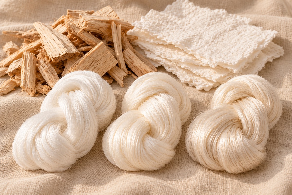 Pale wood chips, a stack of white wood pulp sheets and three skeins of soft cream fiber, from bright white to warm ivory, on linen